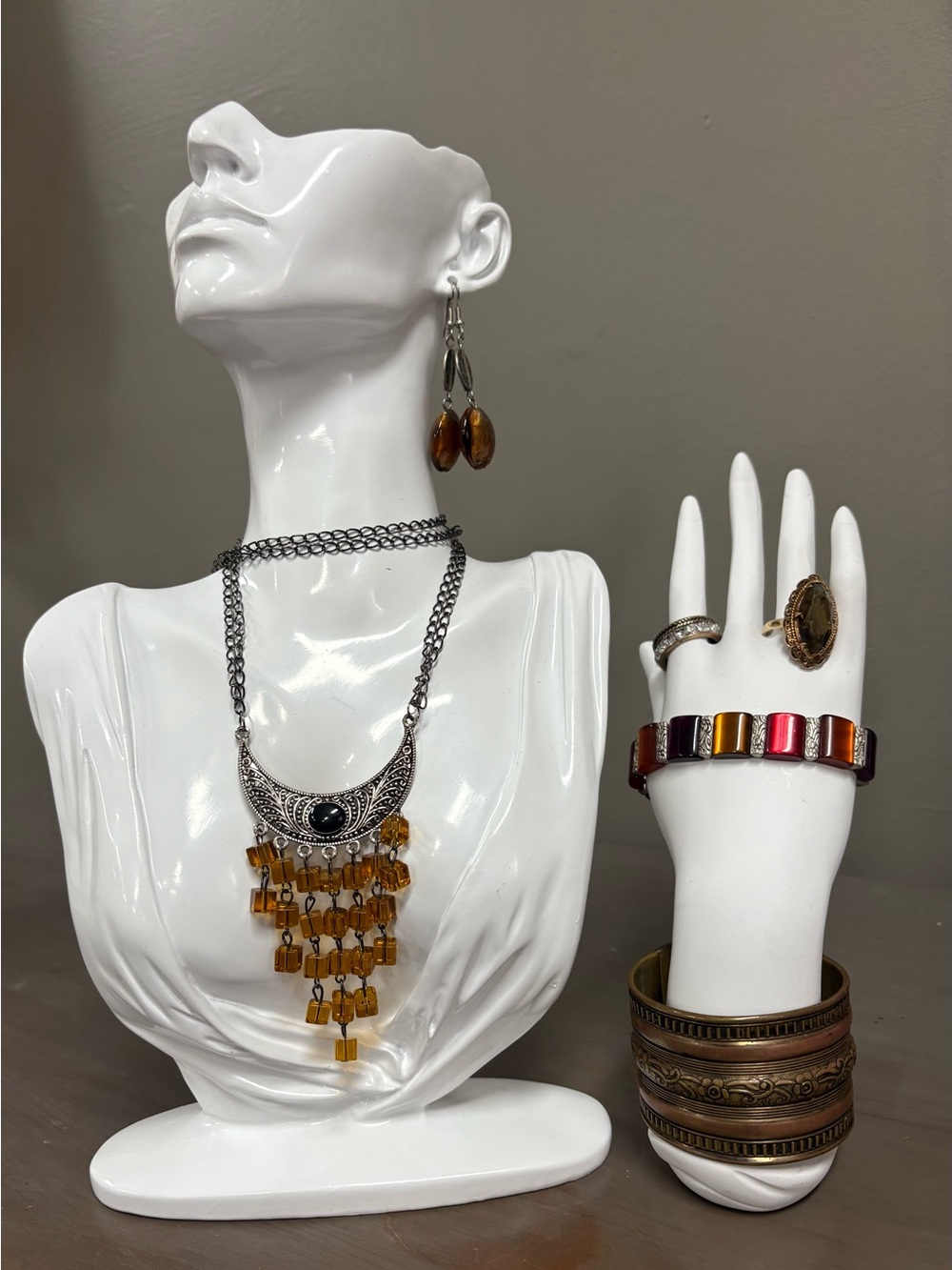 Bohemian Amber Glass Bead Statement Necklace and Earrings Set